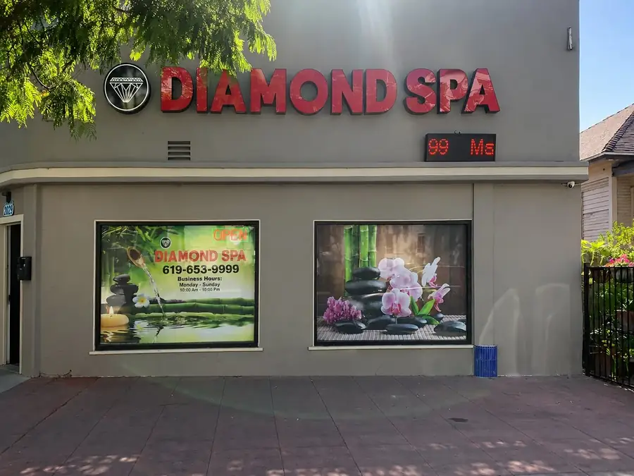 Diamond Spa Massage storefront with the DIAMOND SPA sign and OPEN light on El Cajon Blvd in San Diego CA
