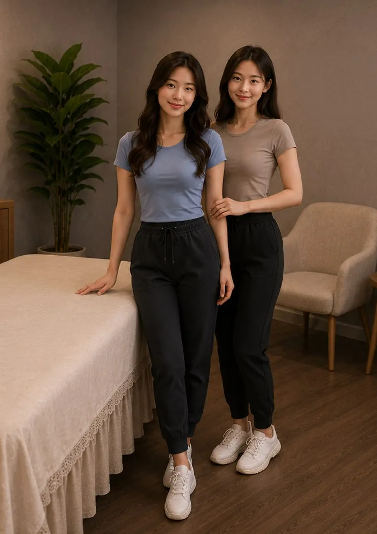 Two staff members beside a made-up massage table at Diamond Spa Massage in San Diego, CA