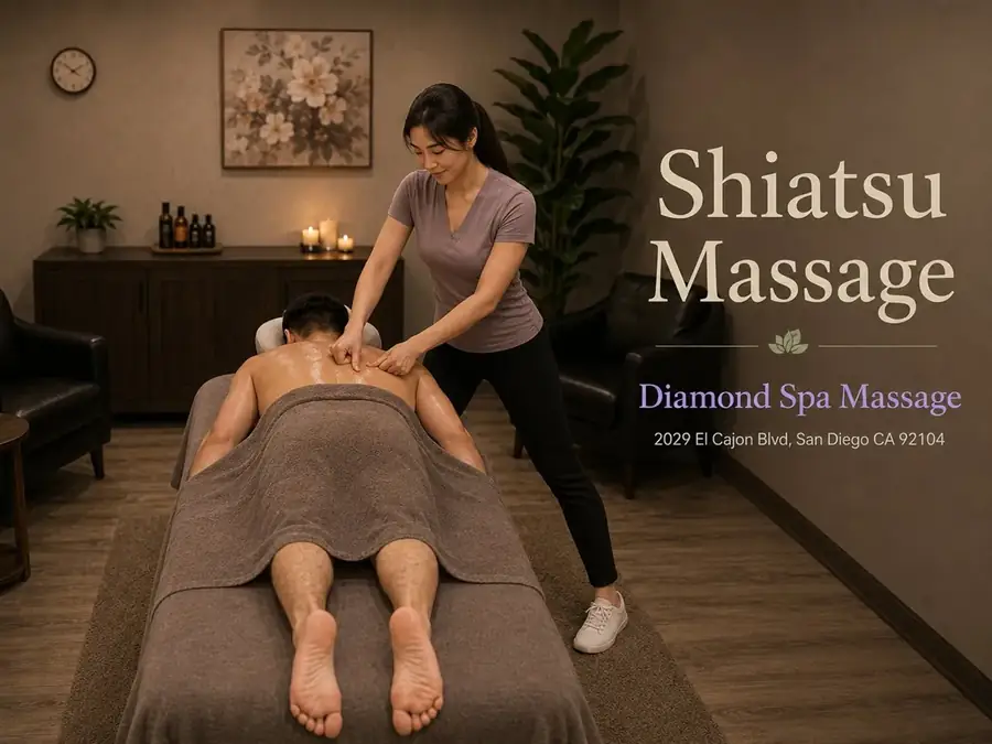 Shiatsu massage applying steady finger pressure along the back at Diamond Spa Massage in San Diego CA